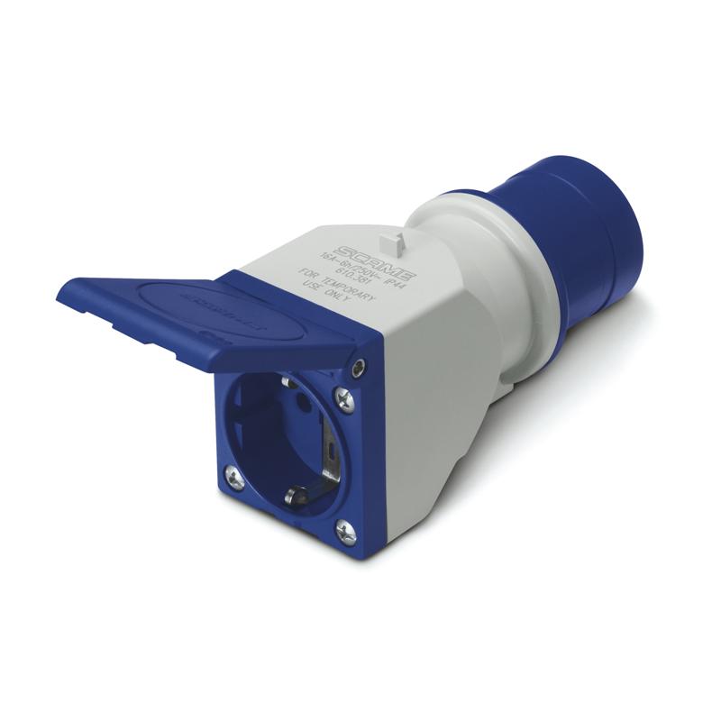 Адаптер прямой 16А, Вилка 2P+E 6h - Розетка SCHUKO, 250VAC 50/60Hz, IP44, серия ADAPTO