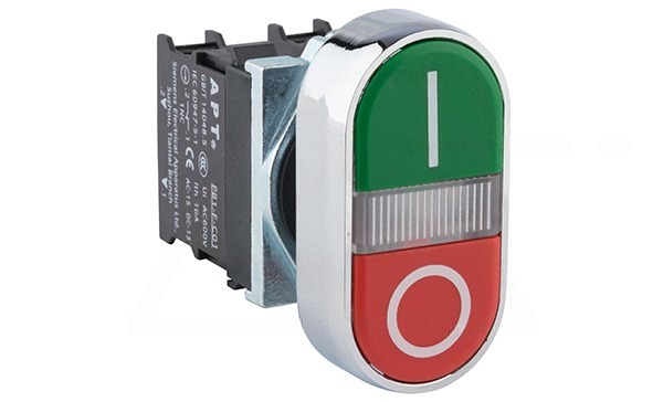 Кнопка двойная PB1S, красный O/зеленый I,  1NO+1NC, 6A 230VAC/24VDC, с подсветкой без LED, 22mm, IP65