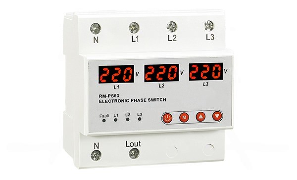 Реле выбора приоритетной фазы RM-PS63, 3NO+N, 63A, 220VAC, Umin(120_210V)/Umax(220_300V), 0.02_0.1s/1_600s, LED-дисплей, 5M