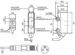 LANBAO PST-YR30DPOS-F3 оптический датчик 15,2x8,4x27,8мм PNP NO Sn=30мм (D-тип) кабель с разъемом M8