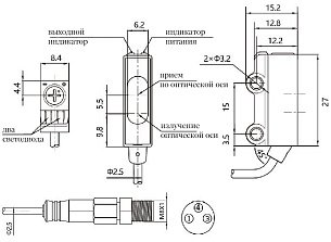 LANBAO PST-YR30DPOS-F3 оптический датчик 15,2x8,4x27,8мм PNP NO Sn=30мм (D-тип) кабель с разъемом M8