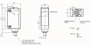 LANBAO PSE-TM10DR оптический датчик 32,5x20x12мм Sn=10м (T-тип) кабель 2 м /передатчик