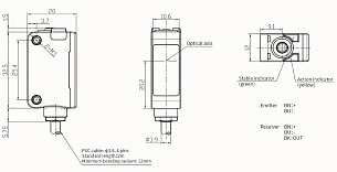 LANBAO PSE-TM10DR оптический датчик 32,5x20x12мм Sn=10м (T-тип) кабель 2 м /передатчик