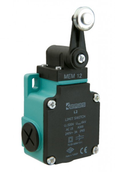 Концевой выключатель, привод реверсивный металлический ролик 18мм с угловым действием (1НЗ+1НО, мгновенное сраб.), серия L2, алюминиевый корпус (240В AC, 3А), IP65 L2K13MEM121