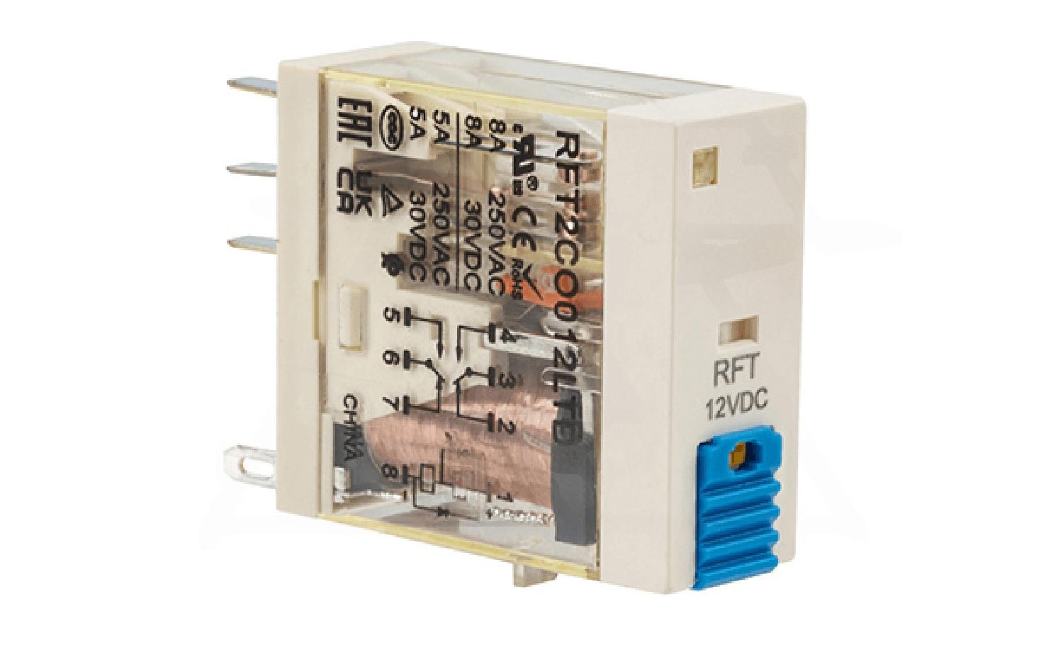 Реле RFT2CO012LTD1, 2CO, 8A(250VAC/30VDC), 12VDC, мех. индикация, тест-кнопка с блокировкой,  диод +A1/-A2, LED