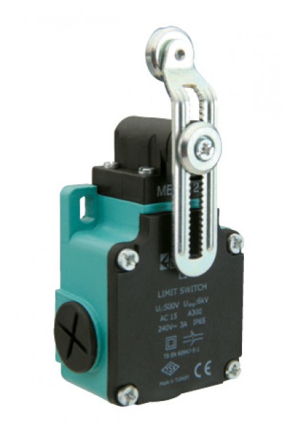 Концевой выключатель, привод реверсивный металлический ролик 18мм с угловым действием, изогнутый рычаг, регулируемый (1НЗ+1НО, мгновенное сраб.), серия L2, алюминиевый корпус (240В AC, 3А), IP65 L2K13MEM124
