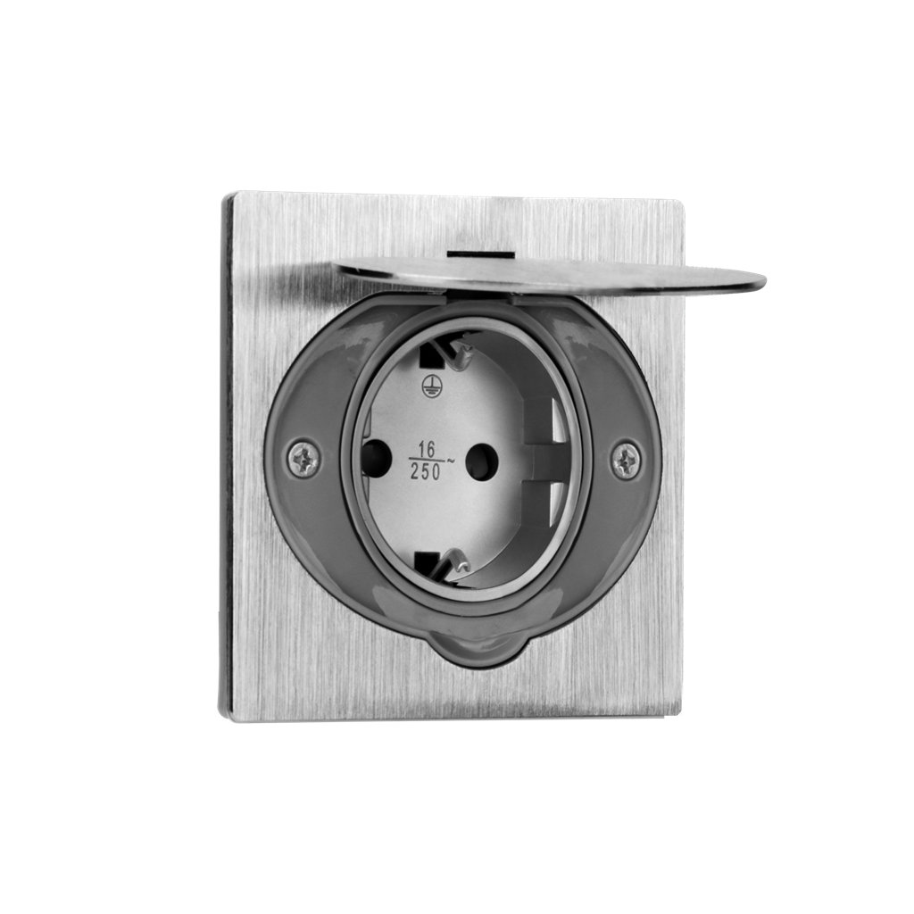 Розетка встраиваемая 2P+E, со шторками, IP44, 3680вт, нержавеющая сталь