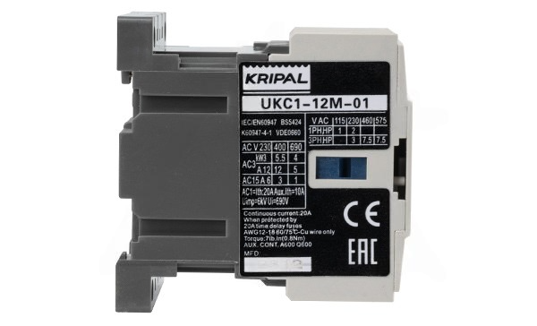 Мини-контактор UKC1-12M-01-230AC, 3P, 12A(AC-3), 20A(AC-1), 5.5kW(400VAC), Uк=230VAC, 1NC