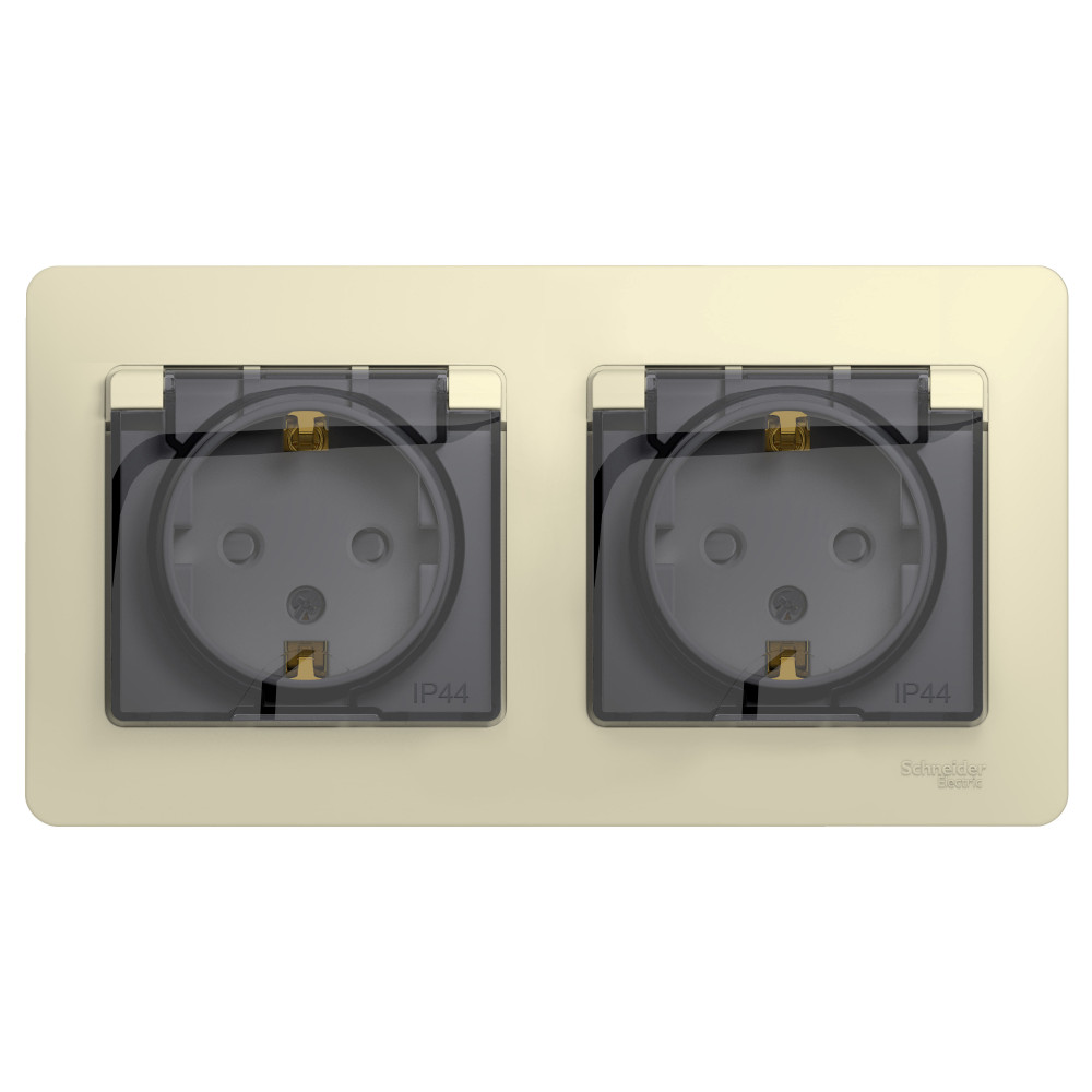 GLOSSA РОЗЕТКА двойная с заземлением со шторками с прозрачной крышкой,16А, IP44, в сборе, БЕЖЕВЫЙ