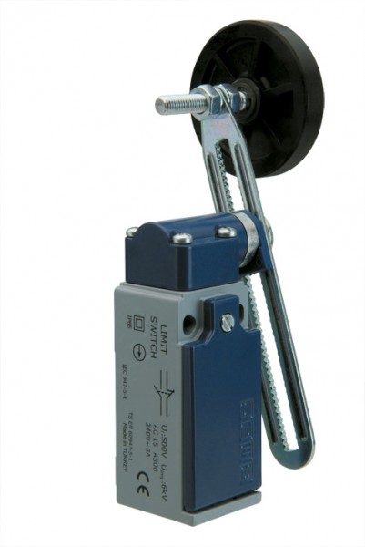 Концевой выключатель, привод реверсивный резиновый ролик 40мм с угловым действием, регулировка по вылету и высоте (1НЗ+1НО, мгновенное сраб.), серия L51, металлический корпус (240В AC, 3А), IP65 L51K13MEL123A