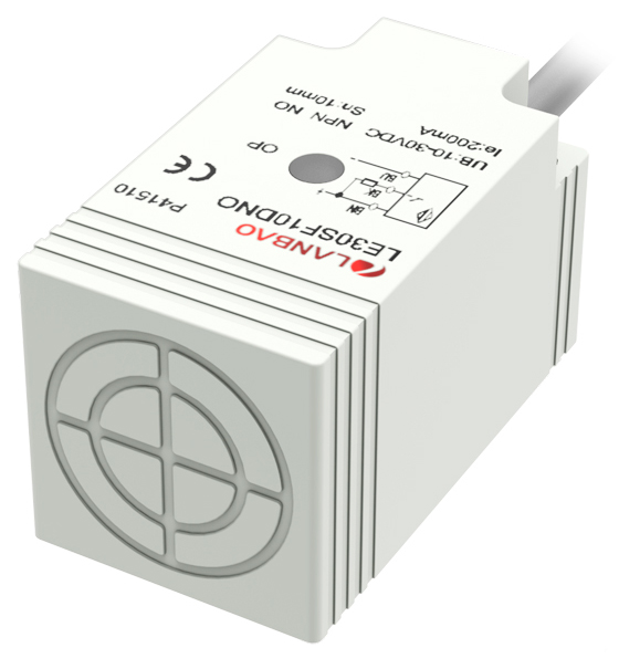 LANBAO LE30SF10DPC Индуктивный датчик 10 мм, прямоугольный, заподлицо, 10…30 DC, PNP, NC, PBT, кабел
