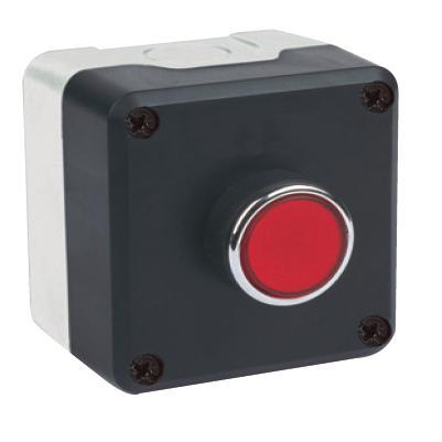 Пост управления однокнопочный (кнопка, 1НЗ, красный цвет), чёрный-серый цвет, cерия P, пластиковый корпус (250В AC, 4А), IP65