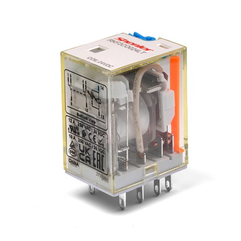 Реле RKF2CO024LTD1, 2CO, 12A(250VAC/30VDC), 24VDC, мех. индикация, тест-кнопка с блокировкой, диод +A1/-A2, LED
