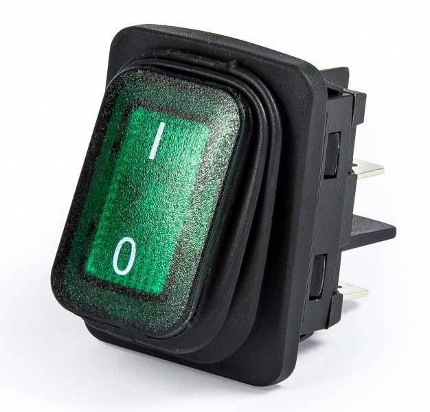 Выключатель клавишный 30*22мм с подсветкой (2НО), чёрный цвет корпуса, маркировка 0-1, подкл. клемма (250В AC, 16А), IP65 A54B1Y11