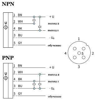 LANBAO UR18-CM1D2NB-E5 Ультразвуковой датчик 60-1000 мм, 9-30 DC, 2 NPN, NO/NC, никелированная латунь, разъем M12 5-pin
