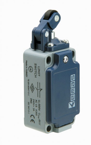 Концевой выключатель, привод однонаправленный пластиковый ролик 14мм с угловым действием (1НЗ+1НО, мгновенное сраб.), серия L52, металлический корпус (240В AC, 3А), IP65 L52K13MIP311