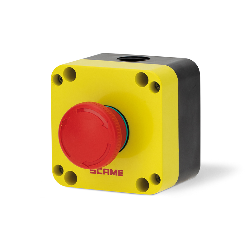 Кнопка аварийного останова, разблокировка поворотом, красная, 1NC, IP65, в желто-черном корпусе