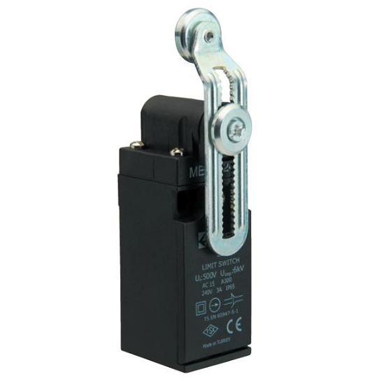 Концевой выключатель, привод реверсивный металлический ролик 18мм с угловым действием, изогнутый рычаг, регулируемый (1НЗ+1НО, мгновенное сраб.), серия L3, пластиковый корпус (240В AC, 3А), IP65