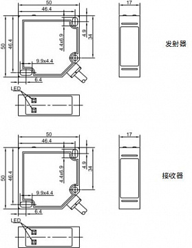 LANBAO PTF-TM20SK оптический датчик 50x50x17мм 2х-проводной Реле (T-тип) Sn=20м кабель 2м/приемник