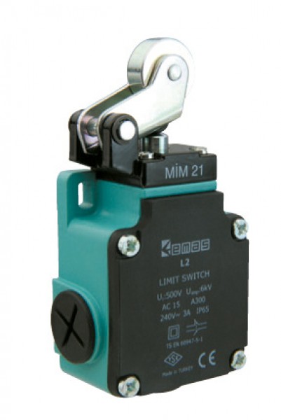 Концевой выключатель, привод однонаправленный металлический ролик 22мм с угловым действием (1НЗ+1НО, мгновенное сраб.), серия L2, алюминиевый корпус (240В AC, 3А), IP65 L2K13MIM211