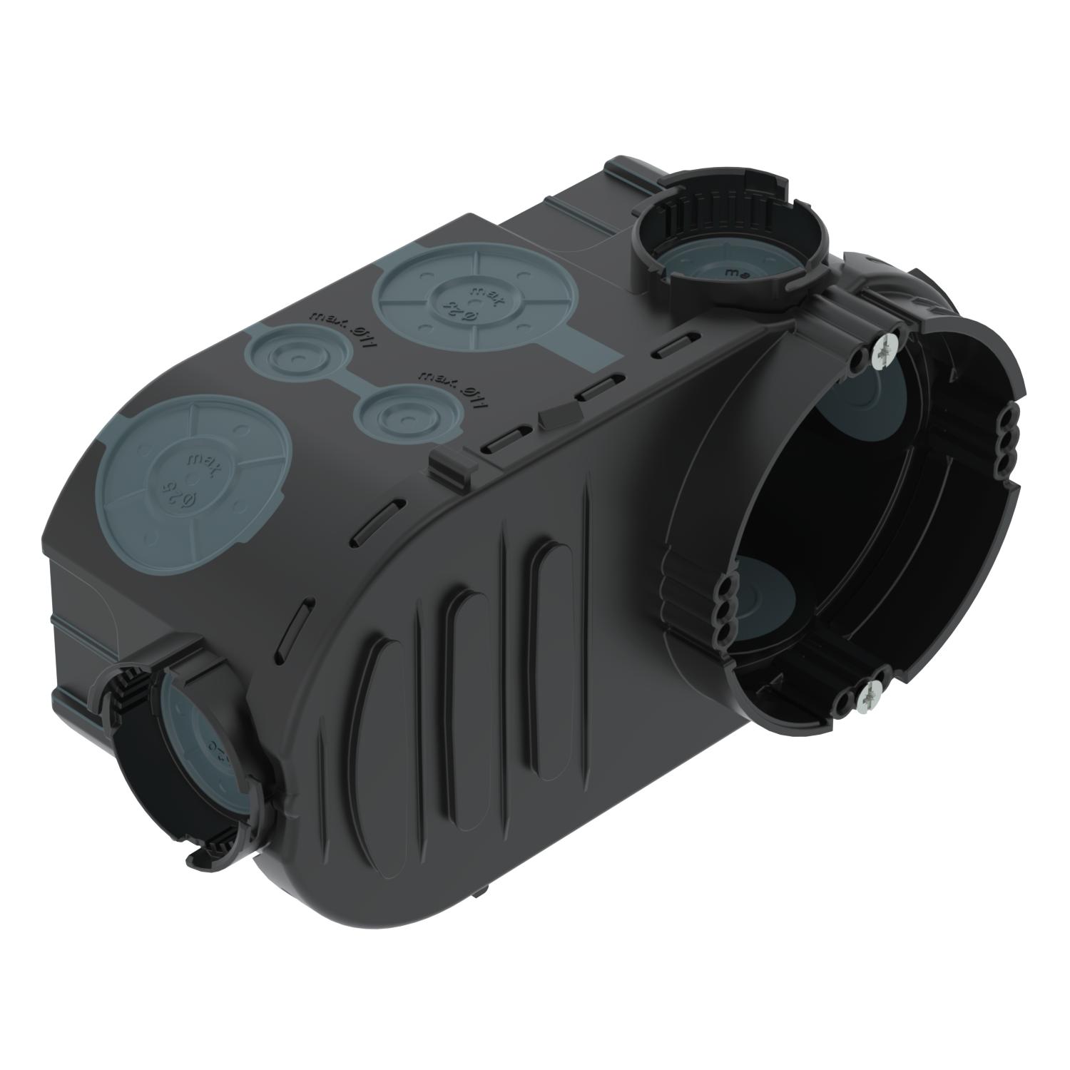 Подрозетник UE 66 одиночный, с доп. пространством, 650°С, Ø64мм, h=66мм, для спл. стен, c винтами, c воздухонепр. мембр. вводами, черный, полипропилен