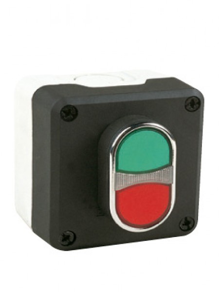 Пост управления однокнопочный (кнопка сдвоенная, 1НО+1НЗ, красный + зелёный цвет), чёрный-серый цвет, cерия P, пластиковый корпус (250В AC, 4А), IP65 P1C304K20