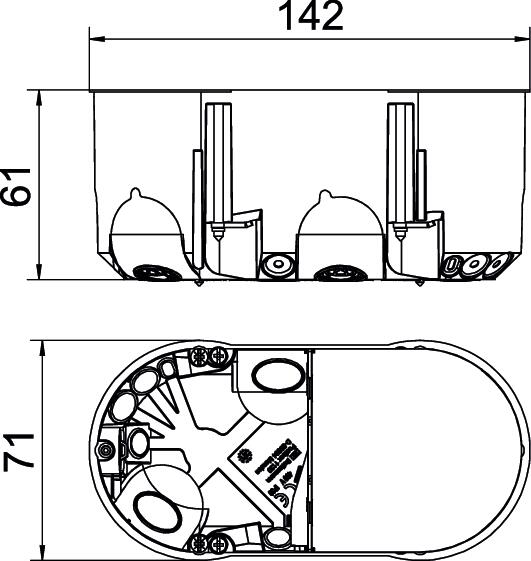Подрозетник HE 61-DV-L  двойной, 850°С, h=61мм, для полых стен, с винтами, с воздухонепрониц. мембранными вводами, оранжевый, полипропилен