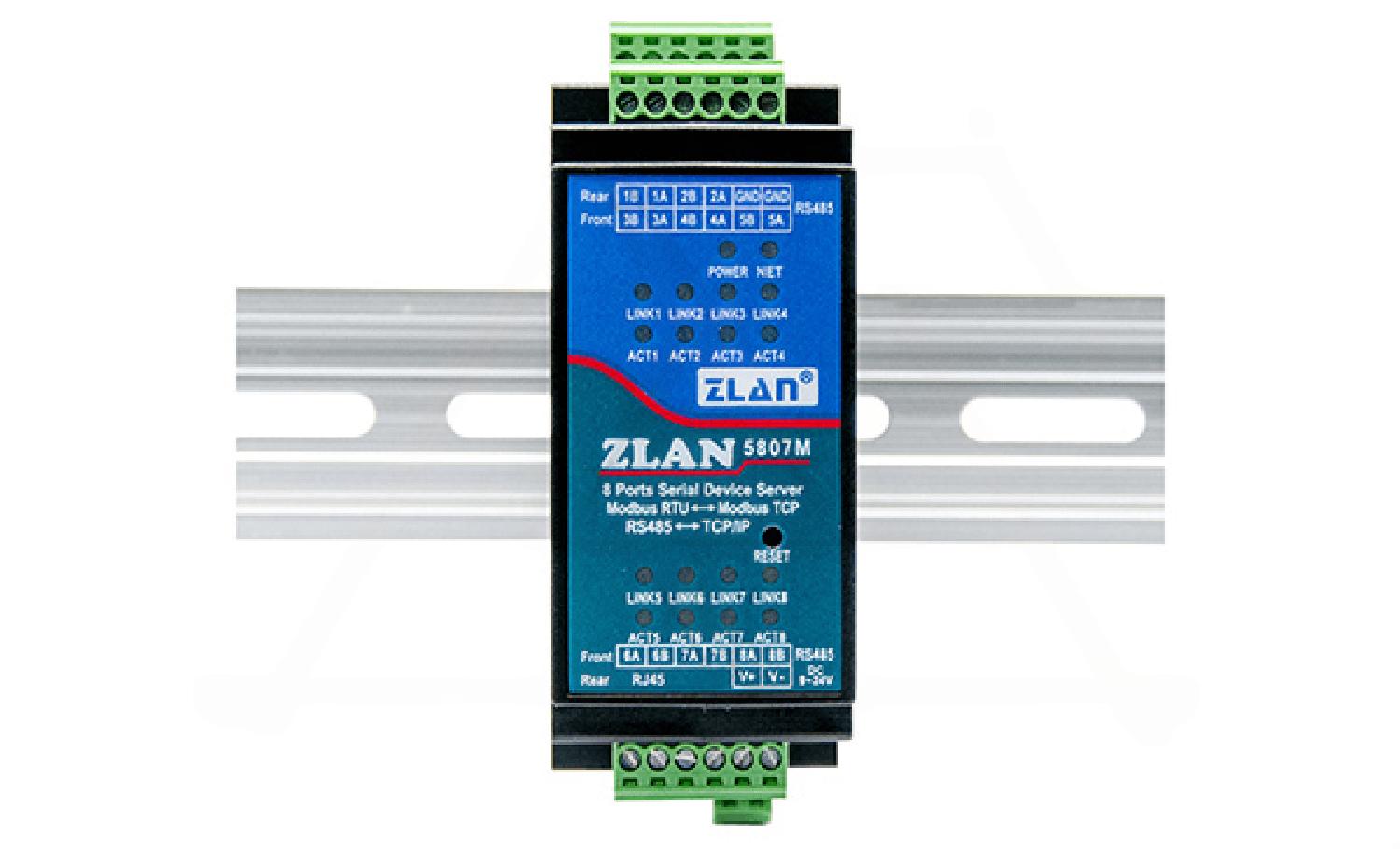 Преобразователь интерфейсов ZLAN5807M, RS-485 в Ethernet, 8xRS-485, Modbus Gateway, MQTT Gateway, 24VDC, DIN35