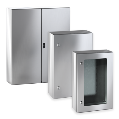 Щит ECOR моноблочный 400x300x150мм (ВxШxГ) из нерж. стали навесной с монт. панелью  однодверный, 1 язычковый замок,  дно глухое, IP66