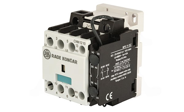 Контактор CNN 12 10, 24VDC, 3P, 12A/(25A по AC-1), 5.7kW(400VAC), 1NO, Uk=24VDC, Iвтяг=5,1А, Iуд=0,12А