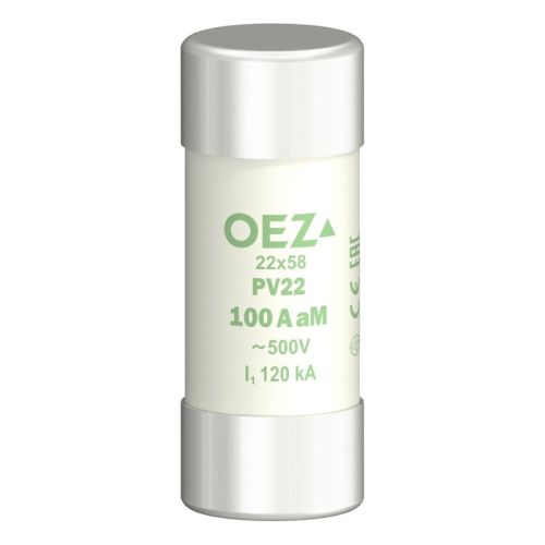 Плавкая вставка PV22 100A aM Un 500 V a.c./250 V d.c., размер 22x58, aM - характеристика моторная только против короткого замыкания, без Cd/Pb