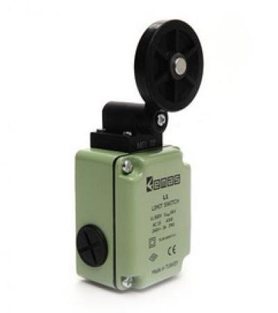 Концевой выключатель, привод реверсивный резиновый ролик 50мм с угловым действием (1НЗ+1НО, мгновенное сраб.), серия L1, алюминиевый корпус (240В AC, 3А), IP65 L1K13MEL121