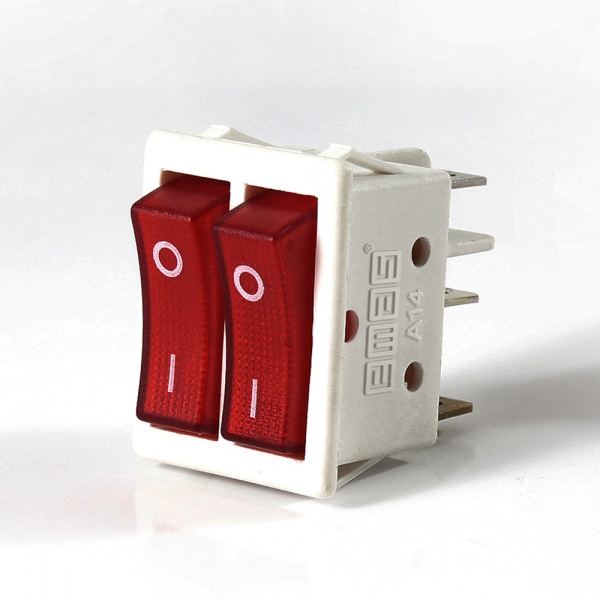 Выключатель двухклавишный 30*22мм с подсветкой (1НО + 1НО), белый цвет корпуса, маркировка 0-1, подкл. клемма (250В AC, 16А), IP20 A12W1K11