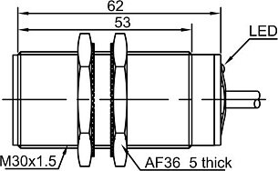 LANBAO LR30XCF15ATCY Индуктивный датчик 15 мм, цилиндрический, заподлицо, 20…250 AC, Приемник двухпроводный AC, NC, никелированная латунь, кабель, IP67