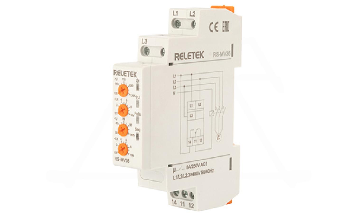 Реле контроля напряжения RS-MV36/400, 3P L-L 400V, 1CO, 8A(250VAC), обрыв, чередование, Umin+Umax, 0.1_10s, 1M