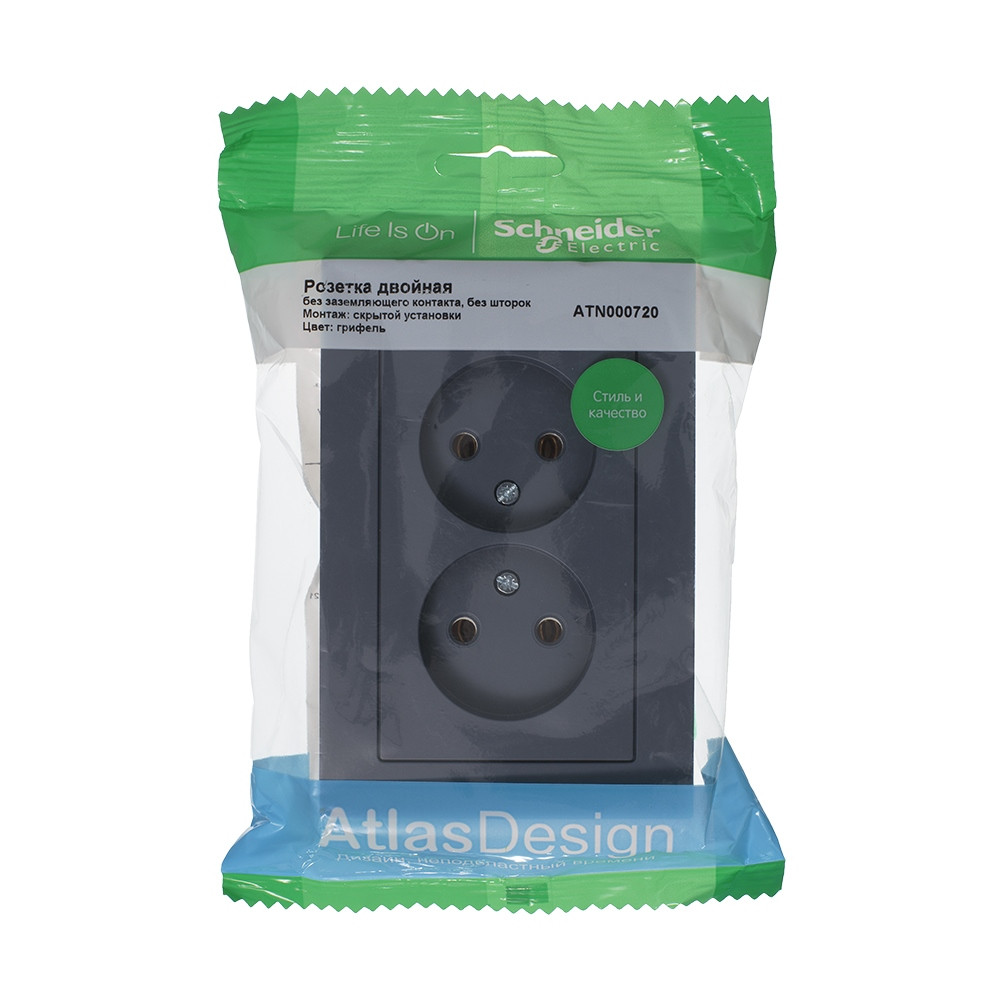 ATLASDESIGN РОЗЕТКА двойная без заземления, 16А, в сборе, ГРИФЕЛЬ