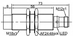 LANBAO LR18XCN08DPOG Индуктивный датчик 8 мм, цилиндрический, незаподлицо, 10…30 DC, PNP, NO, никелированная латунь, кабель PVC 2 м, IP67