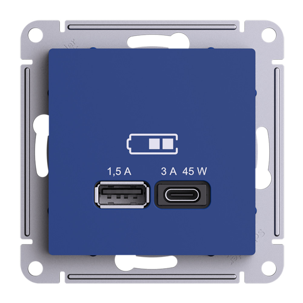 ATLASDESIGN USB РОЗЕТКА A + тип-C 45Вт высокоскор.заряд. QC, PD, механизм, АКВАМАРИН