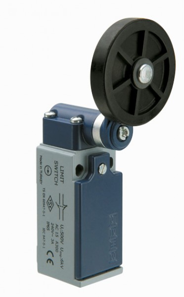 Концевой выключатель, привод реверсивный резиновый ролик 50мм с угловым действием (1НЗ+1НО, мгновенное сраб.), серия L51, металлический корпус (240В AC, 3А), IP65 L51K13MEL121