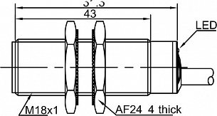 LANBAO LR18XBF08DNRY Индуктивный датчик 8 мм, цилиндрический, заподлицо, 10…30 DC, NPN, NO+NC, никелированная латунь, кабель, IP67