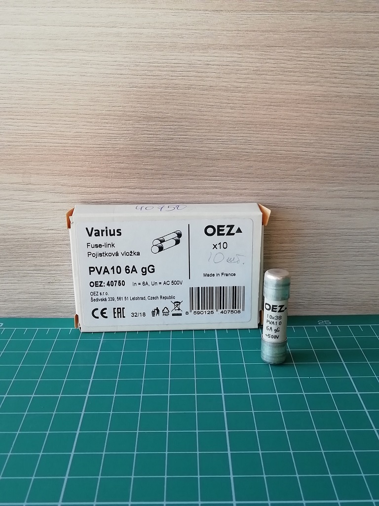 Плавкая вставка PVA10 6A gG Un 500 V a.c., размер 10x38, gG - характеристика для общего применения, без Cd/Pb