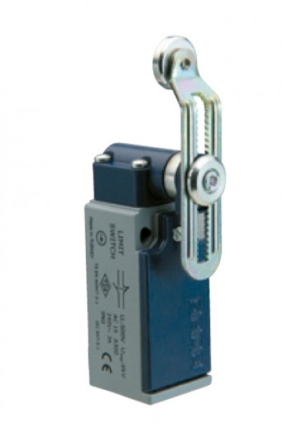 Концевой выключатель, привод реверсивный металлический ролик 18мм с угловым действием, изогнутый рычаг, регулируемый (1НЗ+1НО, мгновенное сраб.), серия L52, металлический корпус (240В AC, 3А), IP65
