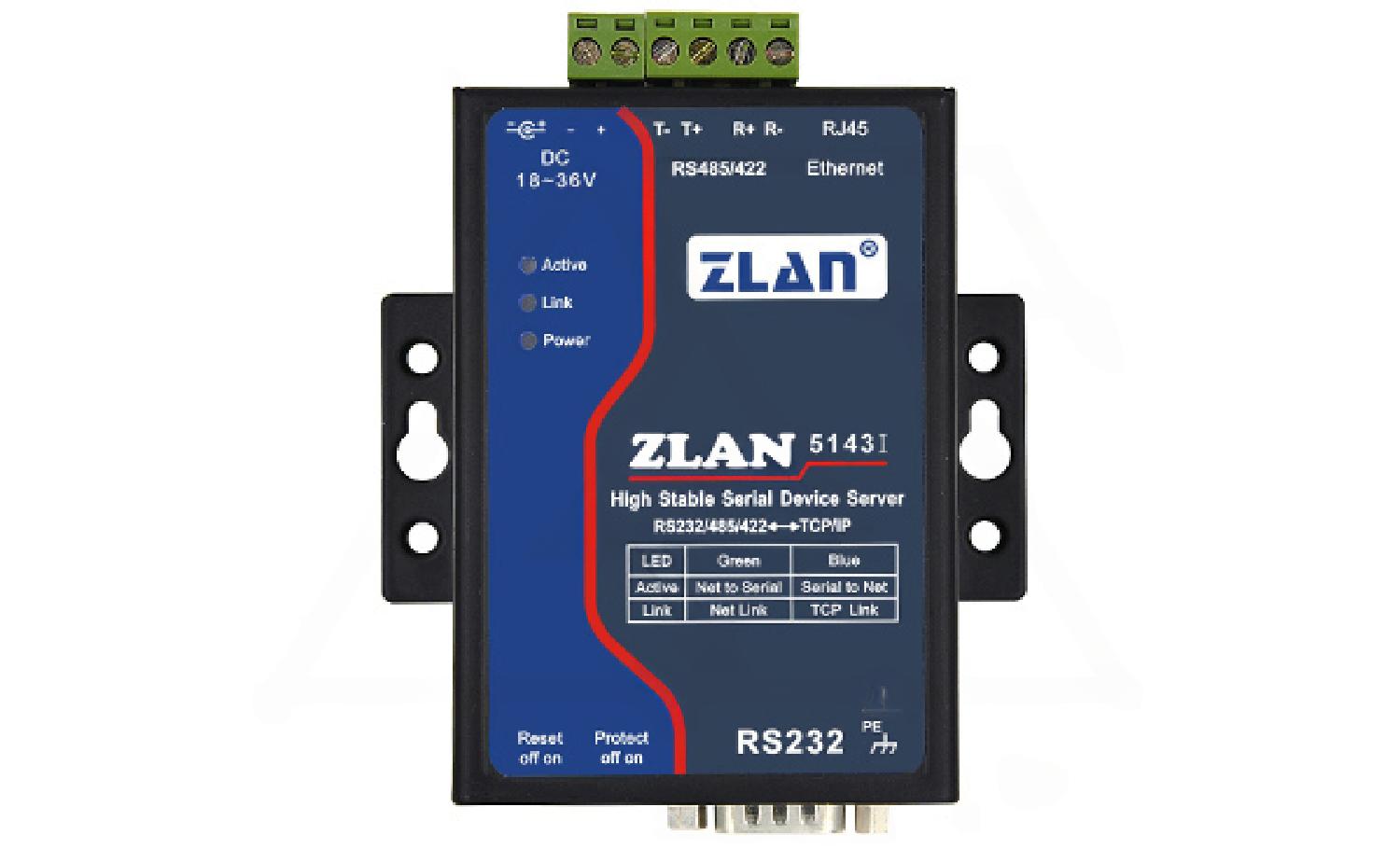 Преобразователь интерфейсов ZLAN5143I, RS-232/485/422 в Ethernet, 1xRS-485/422, 1xRS-232, с изоляцией 3кВ, Modbus Gateway, 24VDC