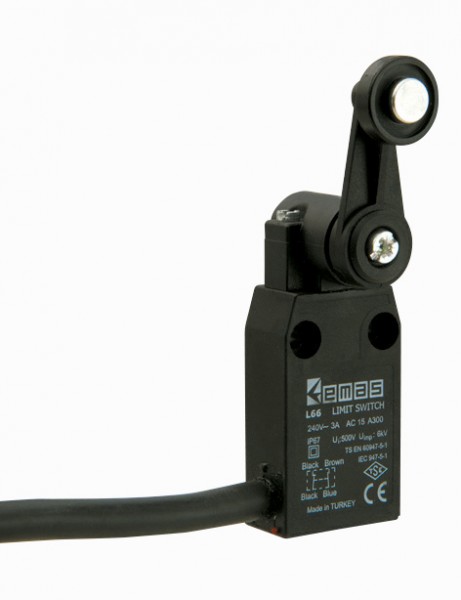 Концевой выключатель, привод реверсивный пластиковый ролик 18мм с угловым действием (1НЗ+1НО, мгновенное сраб.), серия L66, пластиковый корпус (240В AC, 3А), IP67