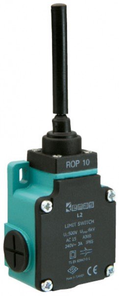 Концевой выключатель, привод пластиковый стержень (1НЗ+1НО, мгновенное сраб.), серия L2, алюминиевый корпус (240В AC, 3А), IP65 L2K13ROP101