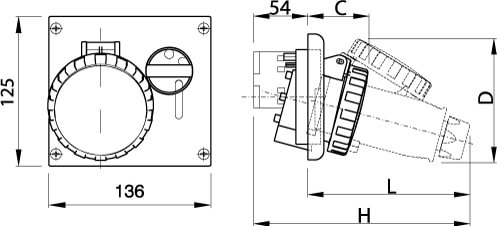 Розетка панельная с механической блокировкой и верхним расположением разъема IP67 32А 3P+E+N 400В
