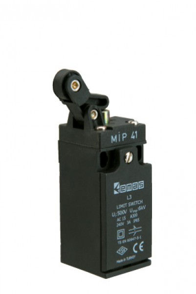 Концевой выключатель, привод однонаправленный пластиковый ролик 14мм с угловым действием (1НЗ+1НО, мгновенное сраб.), серия L3, пластиковый корпус (240В AC, 3А), IP65 L3K13MIP411