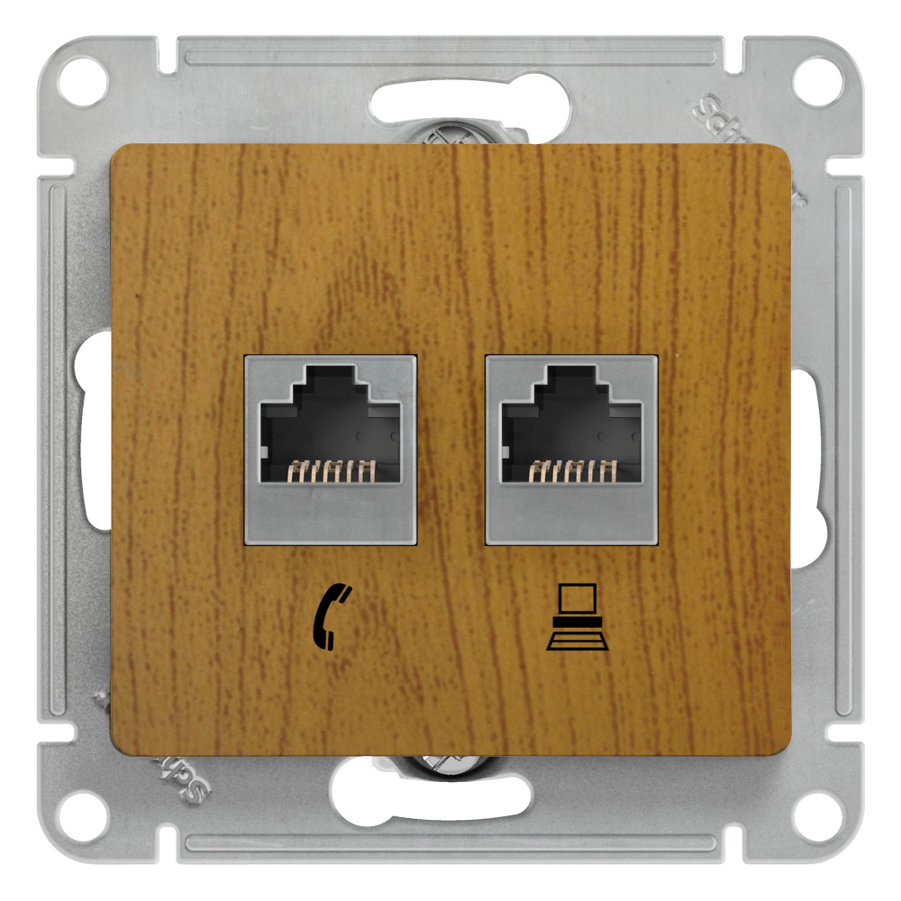 GLOSSA РОЗЕТКА двойная RJ11+RJ45 кат.5e, механизм, ДУБ