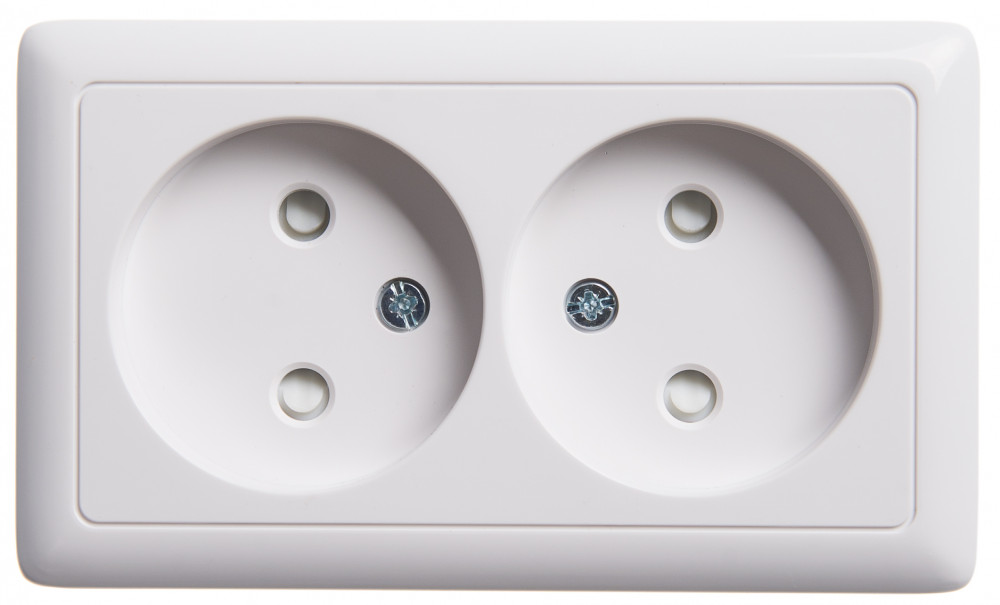 ХИТ О/У РОЗЕТКА двойная без заземления со шторками, ИЗОЛ.ПЛ., 16А, БЕЛЫЙ