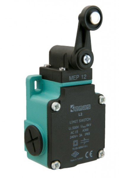 Концевой выключатель, привод реверсивный пластиковый ролик 18мм с угловым действием (1НЗ+1НО, мгновенное сраб.), серия L2, алюминиевый корпус (240В AC, 3А), IP65